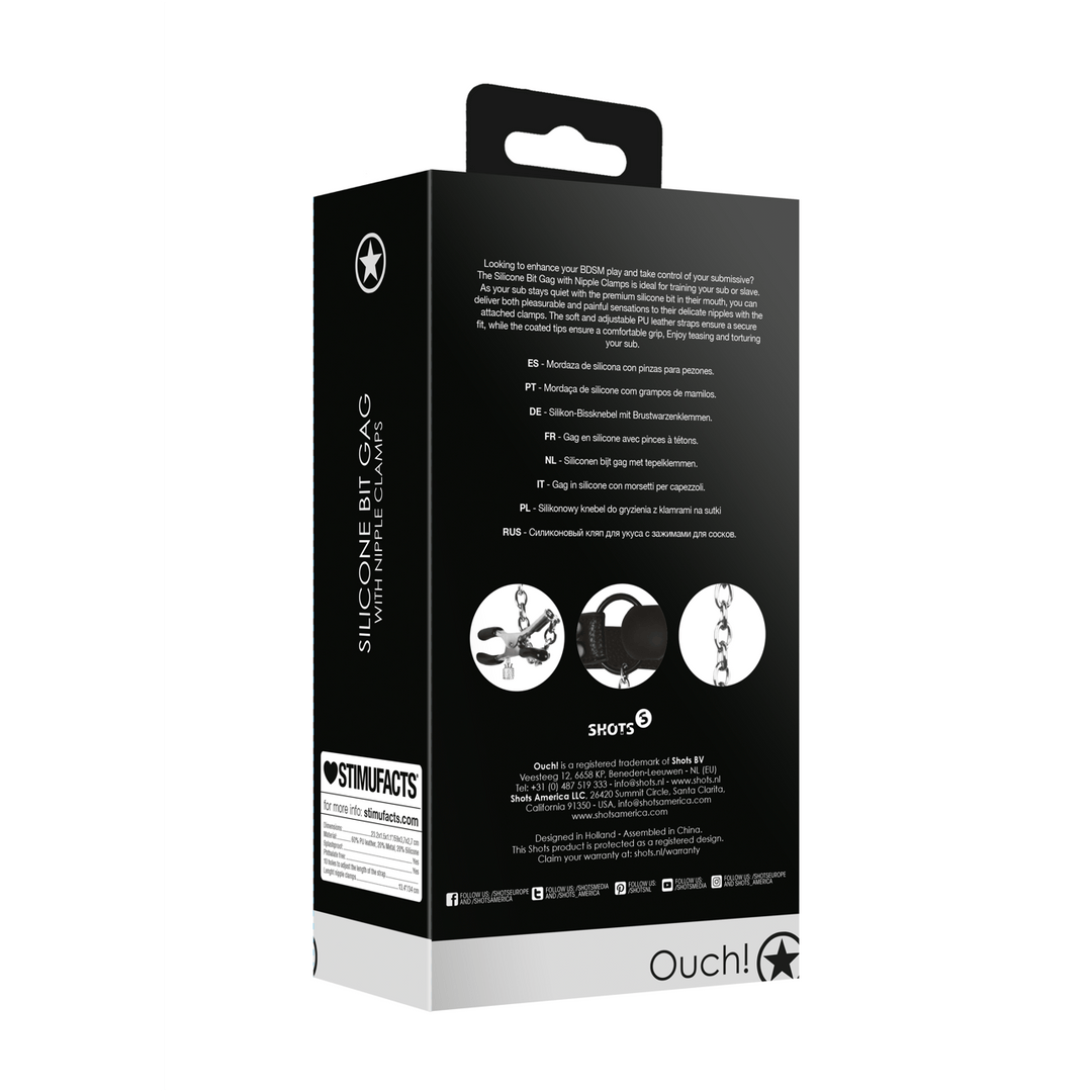 Beißknebel Ouch aus Silikon mit Nippelklemmen Schwarz 59 cm – Ansicht 3