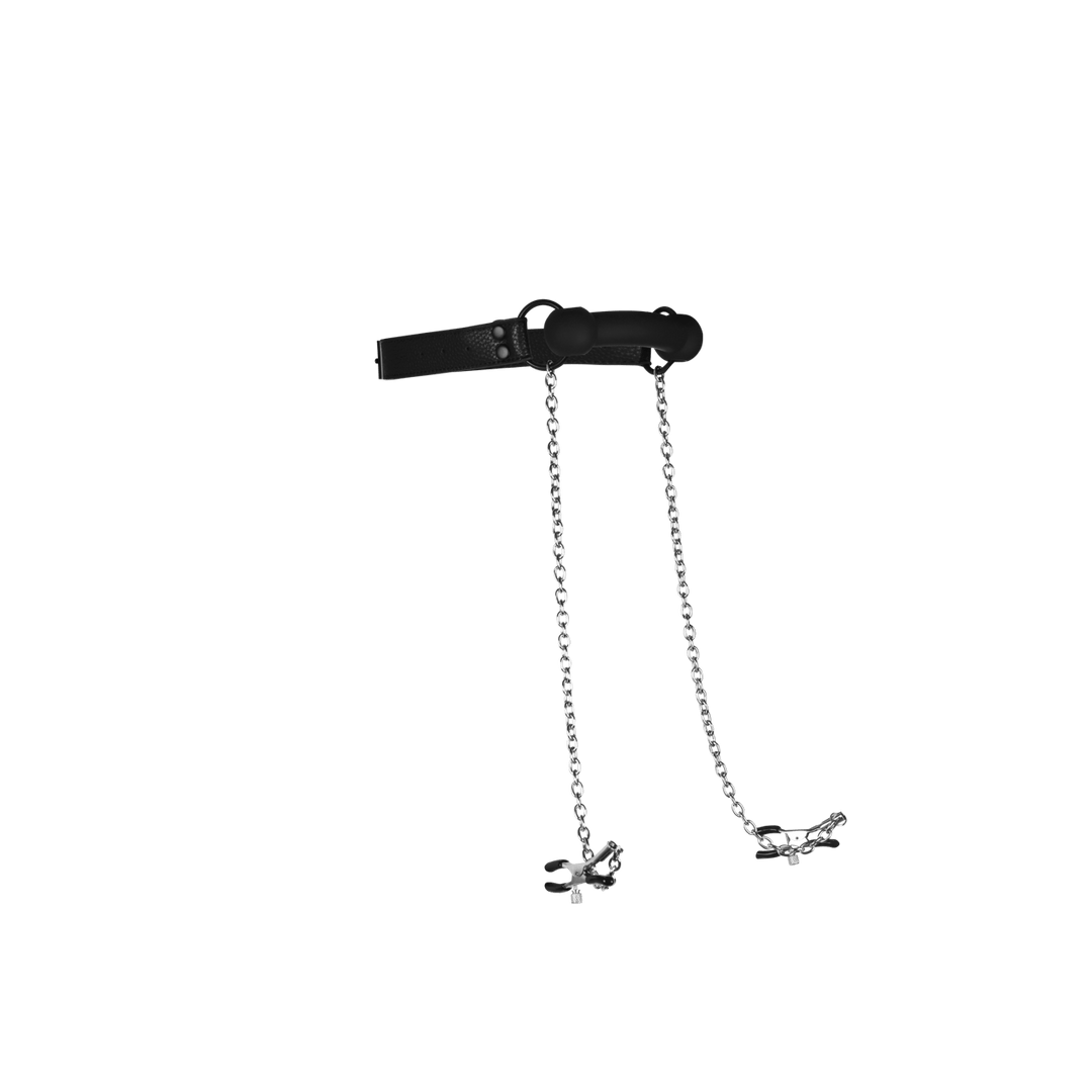 Beißknebel Ouch aus Silikon mit Nippelklemmen Schwarz 59 cm – Ansicht 4