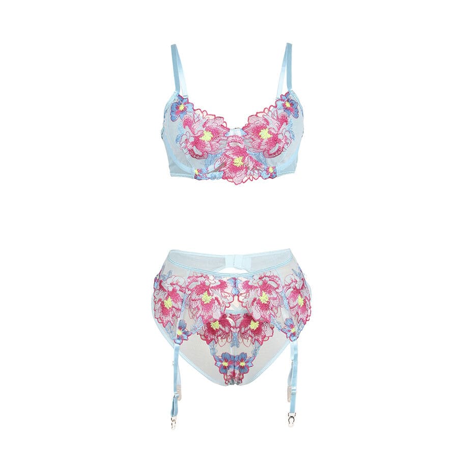 BH-Set BH- und Strumpfgürtel-Set mit Blumenstickerei Rosa L/XL