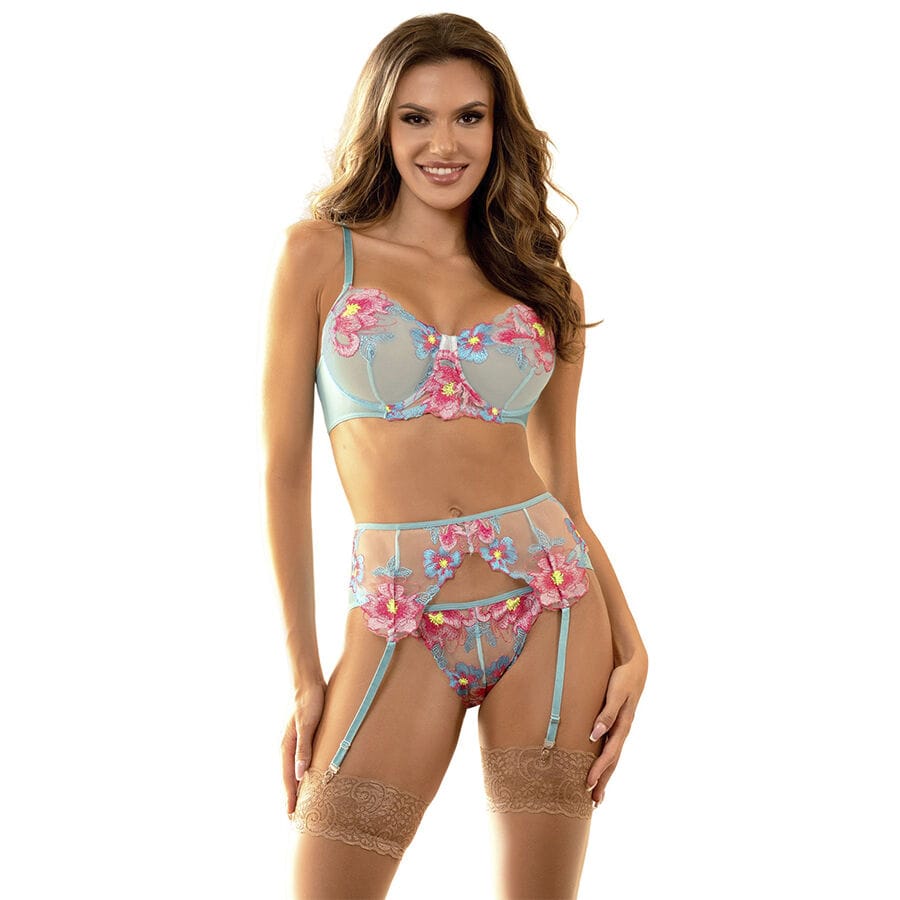 BH-Set BH- und Strumpfgürtel-Set mit Blumenstickerei Rosa S/M
