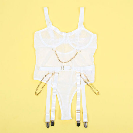 Body 954291 Body mit Ketten + Strumpfgürtel Weiss L/XL Weiß