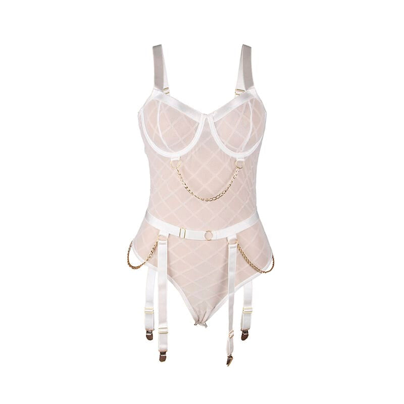 Body 954291 Body mit Ketten + Strumpfgürtel Weiss L/XL Weiß