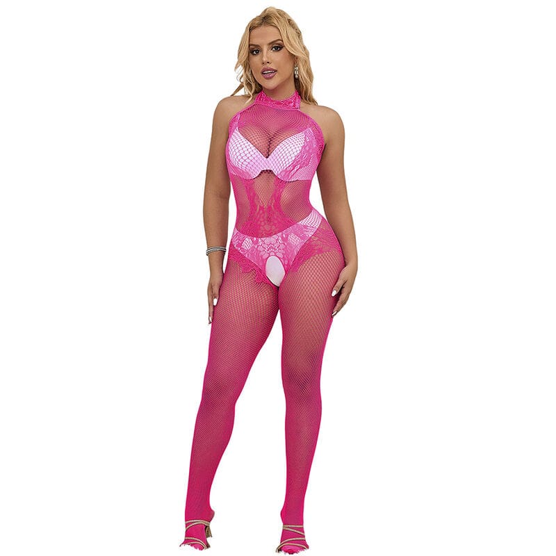 Bodystocking 952389 Bodystocking mit Schnittfreiem Netz und Spitze mit Hohem Hals Eine Rosa