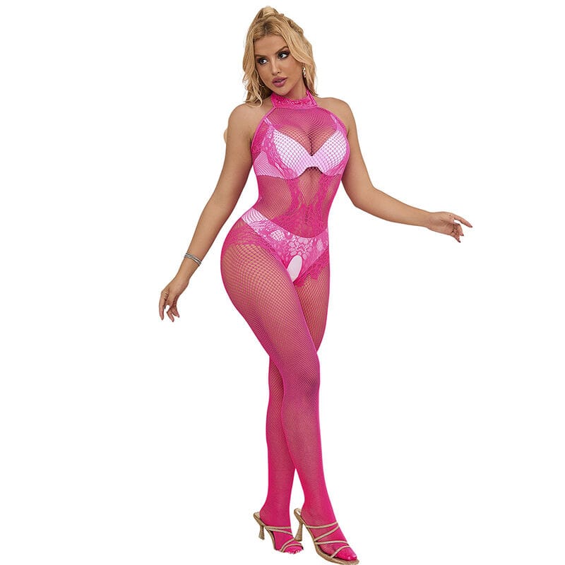 Bodystocking 952389 Bodystocking mit Schnittfreiem Netz und Spitze mit Hohem Hals Eine Rosa