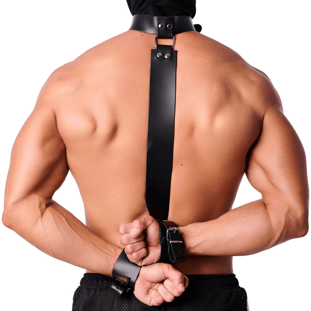 Bondage-Halsband aus Leder mit Handfixierung Schwarz