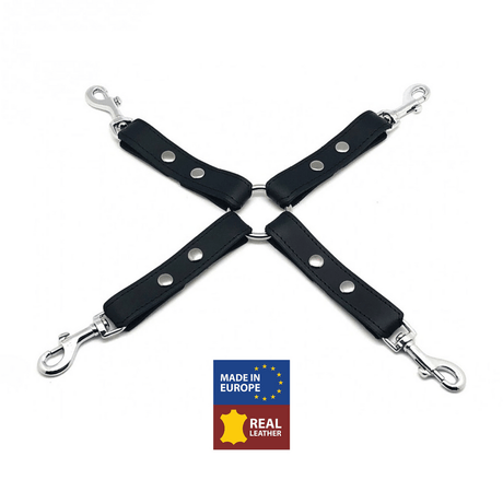 Bondage-Kreuz aus Leder mit vier Karabinern Schwarz