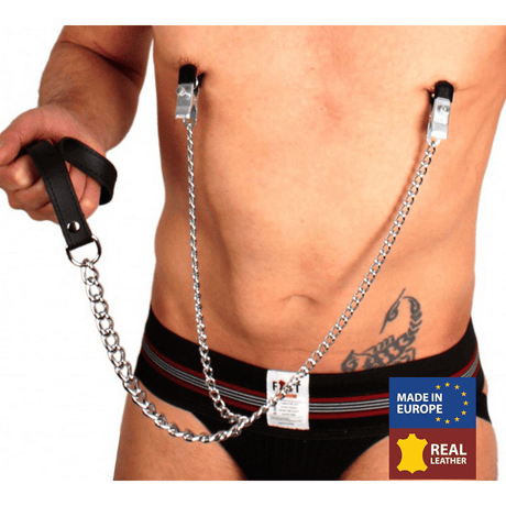 Brustklemmen mit Kette und Lederschlaufe Silber