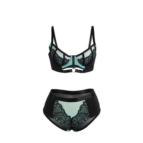Dessous-Set Grünes BH-Set aus Lackleder und Netz mit Reißverschluss L/XL