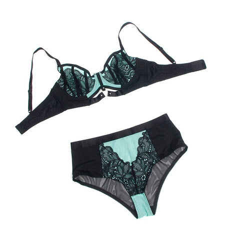 Dessous-Set Grünes BH-Set aus Lackleder und Netz mit Reißverschluss S/M