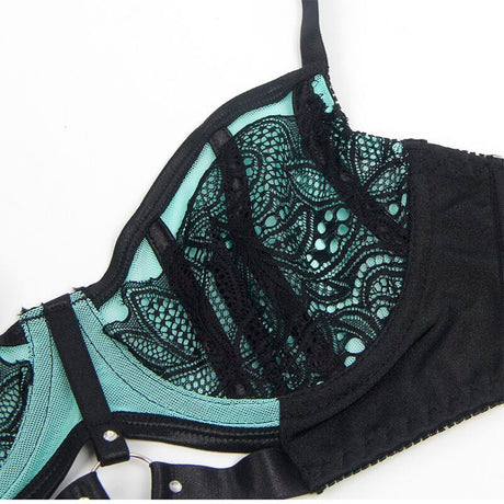 Dessous-Set Grünes BH-Set aus Lackleder und Netz mit Reißverschluss S/M