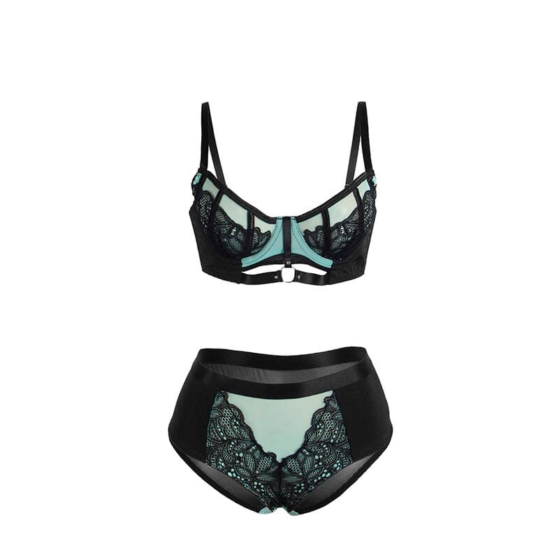 Dessous-Set Grünes BH-Set aus Lackleder und Netz mit Reißverschluss S/M
