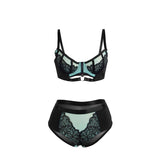 Dessous-Set Grünes BH-Set aus Lackleder und Netz mit Reißverschluss S/M