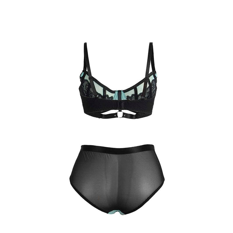 Dessous-Set Grünes BH-Set aus Lackleder und Netz mit Reißverschluss S/M