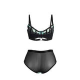 Dessous-Set Grünes BH-Set aus Lackleder und Netz mit Reißverschluss S/M