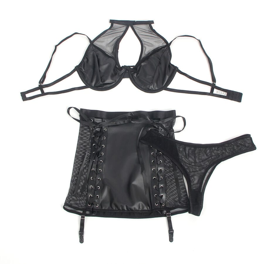 Dessous-Set Leder-BH und Rock-Set Schwarz L/XL