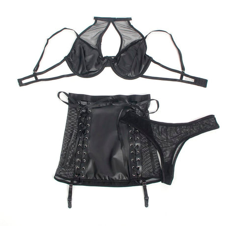 Dessous-Set Leder-BH und Rock-Set Schwarz S/M