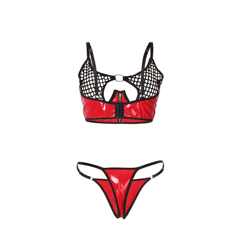Dessous-Set Rotes BH-Set aus Lackleder und Netz mit Reißverschluss L/XL