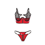 Dessous-Set Rotes BH-Set aus Lackleder und Netz mit Reißverschluss S/M