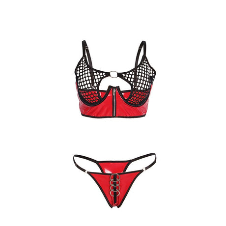Dessous-Set Rotes BH-Set aus Lackleder und Netz mit Reißverschluss S/M
