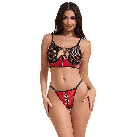 Dessous-Set Rotes BH-Set aus Lackleder und Netz mit Reißverschluss S/M