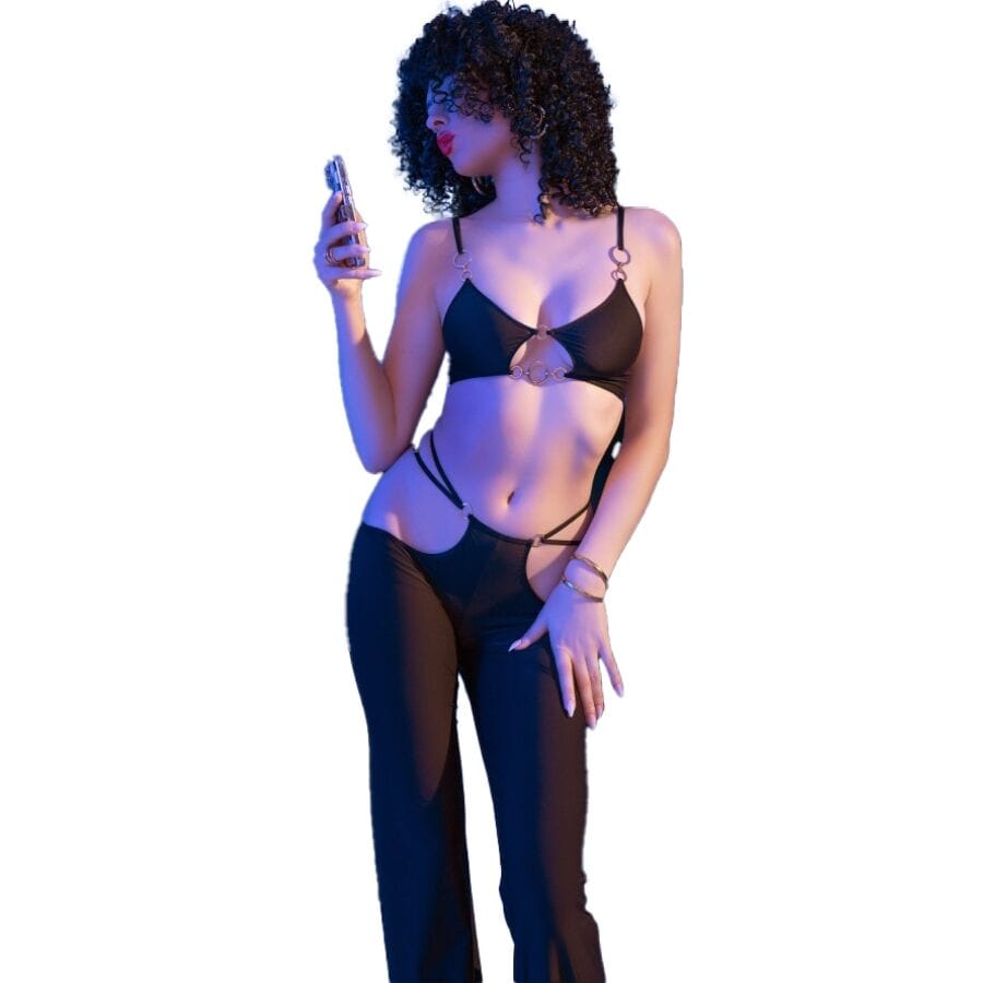 Dessous-Set Schwarzes Top und Leggings-Set mit Goldenen Accessoires L