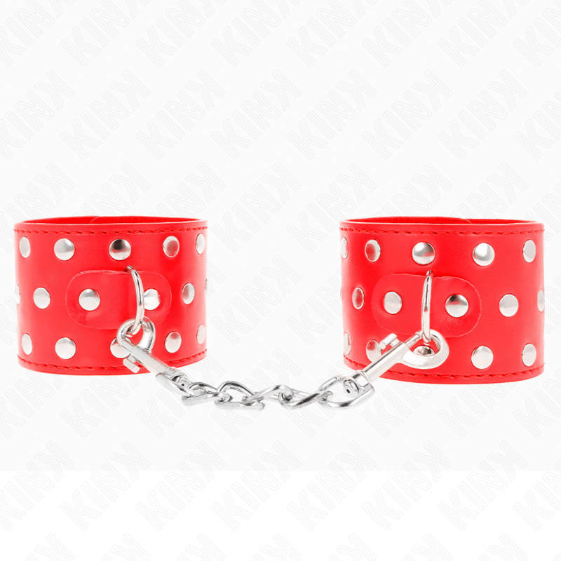 Fesselset Handgelenkfesseln mit Druckverschluss Voller Nieten Rot Verstellbar 19 cm – Ansicht 2