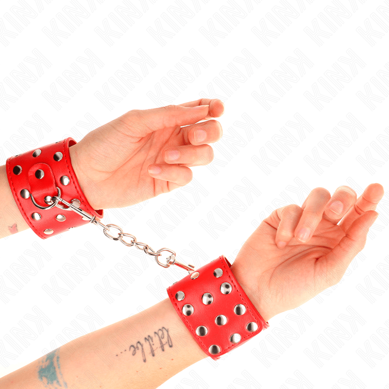Fesselset Handgelenkfesseln mit Druckverschluss Voller Nieten Rot Verstellbar 19 cm