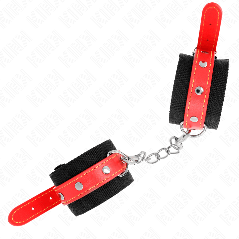 Fesselset Nylon-Handgelenkfesseln Schwarz mit Kunstleder Rot Verstellbar 19 cm – Ansicht 3