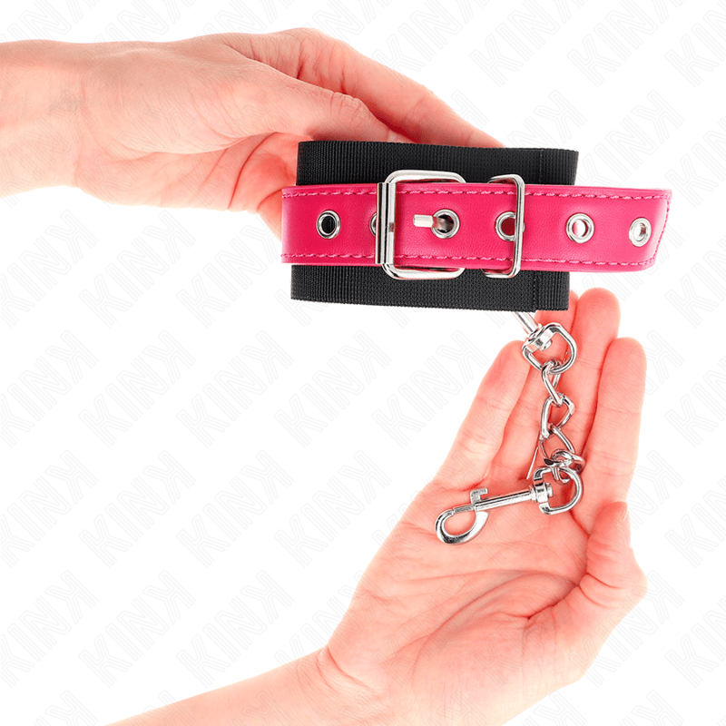 Fesselset Nylon-Handgelenkfesseln Schwarz mit Kunstledergürtel Himbeerrosa Verstellbar 19 cm – Ansicht 4