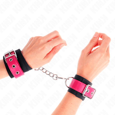 Fesselset Nylon-Handgelenkfesseln Schwarz mit Kunstledergürtel Himbeerrosa Verstellbar 19 cm