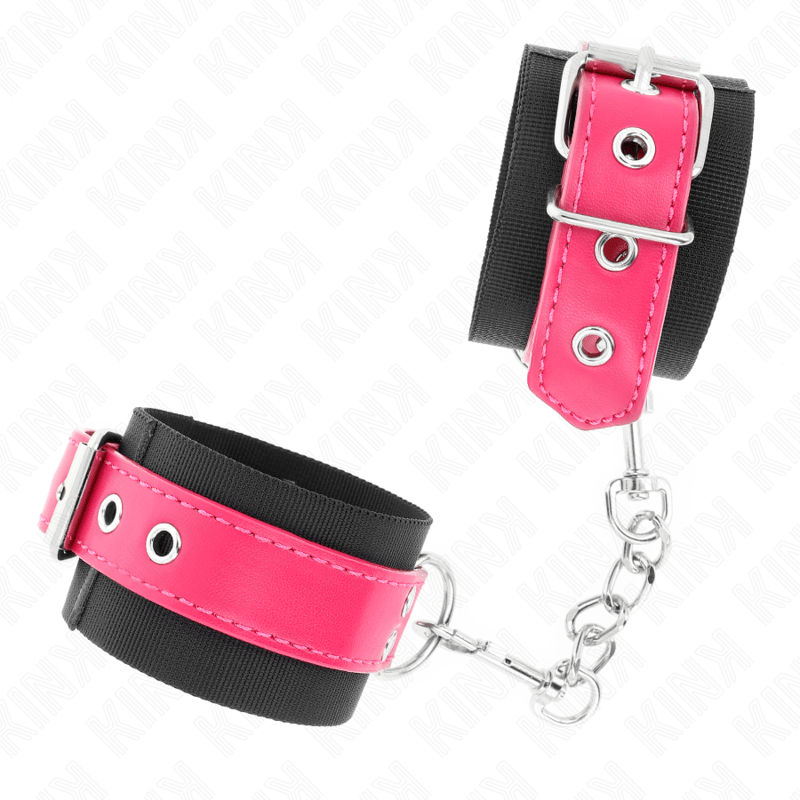 Fesselset Nylon-Handgelenkfesseln Schwarz mit Kunstledergürtel Himbeerrosa Verstellbar 19 cm – Ansicht 3