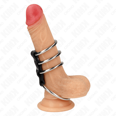 Fetisch-Toy 4 Metall Penisringe Bis Durch Leder Verbunden Schwarz