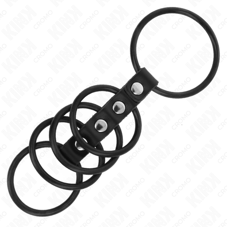 Fetisch-Toy 5 Penisringe aus Silikon Bis Durch Leder Verbunden Schwarz