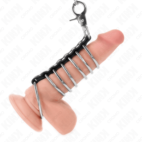 Fetisch-Toy 7 Penisringe aus Metall Bis Verbunden mit Leder und Metallkette Schwarz