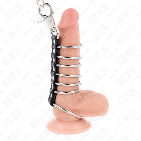 Fetisch-Toy 7 Penisringe aus Metall Bis Verbunden mit Leder und Metallkette Schwarz