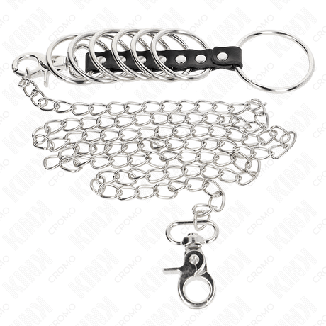 Fetisch-Toy 7 Penisringe aus Metall Bis Verbunden mit Leder und Metallkette Schwarz