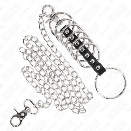 Fetisch-Toy 7 Penisringe aus Metall Bis Verbunden mit Leder und Metallkette Schwarz