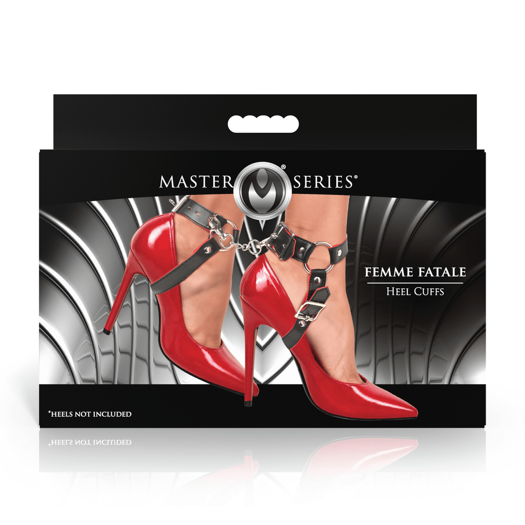 Fußfesseln Master Series Femme Fatale Absatzmanschetten Leder Schwarz und Rot – Ansicht 3
