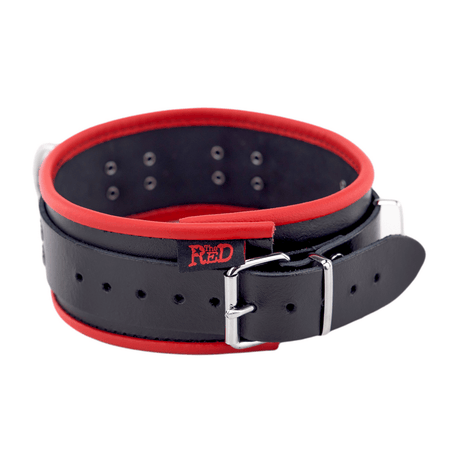 Halsband aus Leder gepolstert mit drei D-Ringen Schwarz und Rot – Ansicht 2