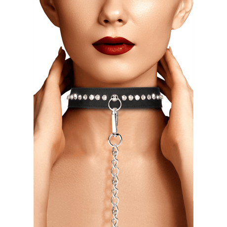 Halsband diamantbesetzt mit Leine Schwarz 102 cm