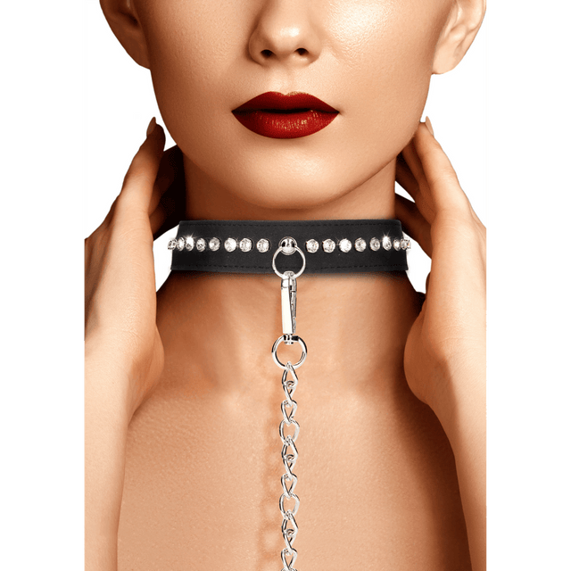 Halsband Ouch mit Strasssteinen und Leine Schwarz 102 cm