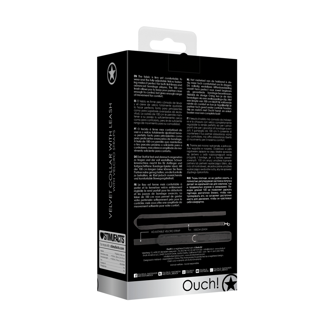 Halsband Ouch aus Samt mit Klettverschluss und Leine 51 cm Schwarz – Ansicht 3