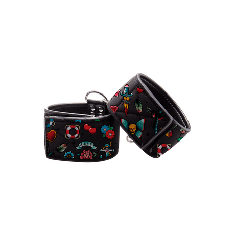 Handfesseln Ouch mit Tattoo-Druck 29,5 cm Schwarz-Bunt – Ansicht 4