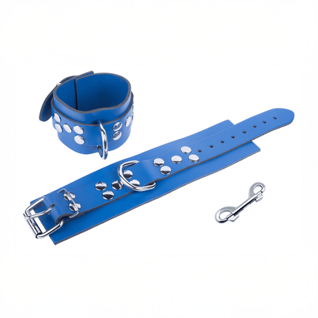 Handschellen aus Leder mit D-Ring und Karabiner Blau – Ansicht 2