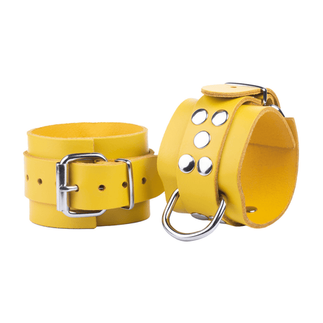 Handschellen aus Leder mit D-Ring und Karabiner Gelb