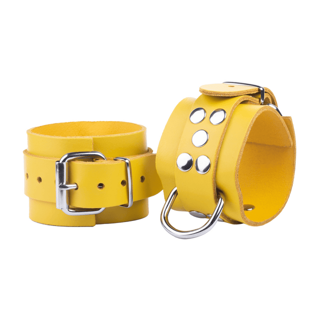 Handschellen aus Leder mit D-Ring und Karabiner Gelb