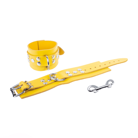 Handschellen aus Leder mit D-Ring und Karabiner Gelb – Ansicht 2