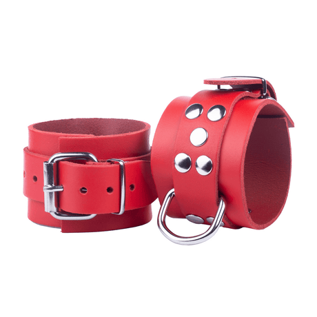 Handschellen aus Leder mit D-Ring und Karabiner Rot