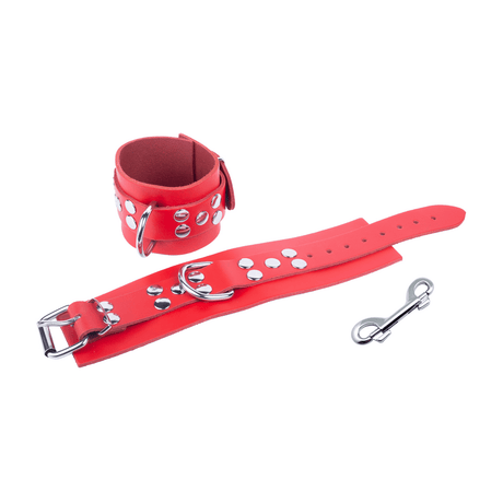 Handschellen aus Leder mit D-Ring und Karabiner Rot – Ansicht 2