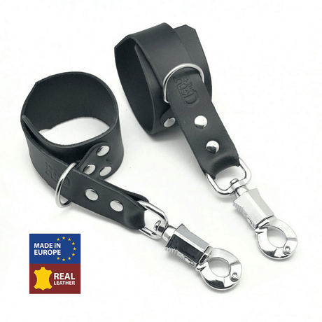 Handschellen aus Leder mit Panikhaken Schwarz
